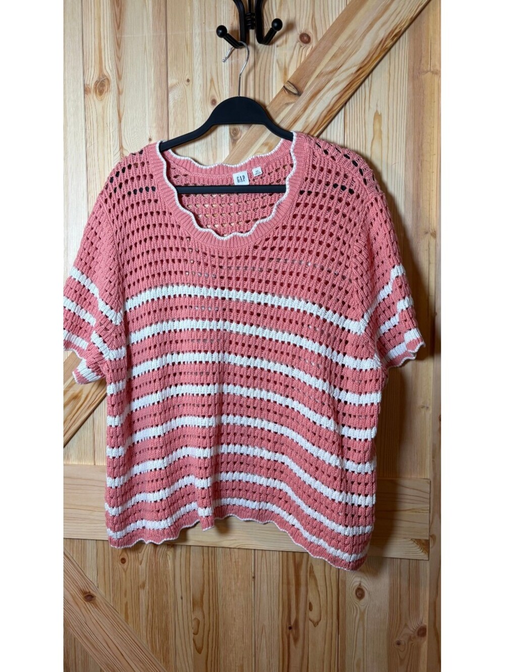 GAP Women's XXL Crochet Knit Pink and White Striped Pullover Sweater